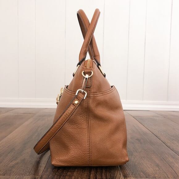 Calvin Klein Pebbled Leather Satchel Bag Dual Handle Exterior Pockets Brown Gold - Picture 4 of 16